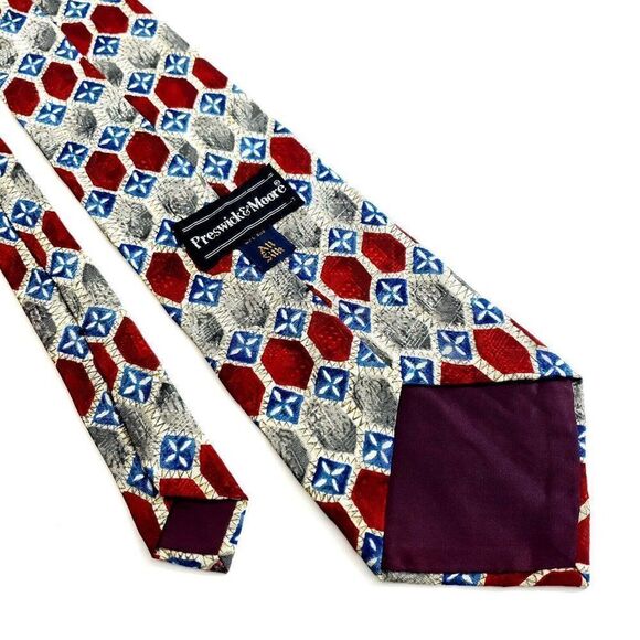 Preswick & Moore Tan Red Blue Geometric Print Wide Silk Tie - Picture 4 of 5